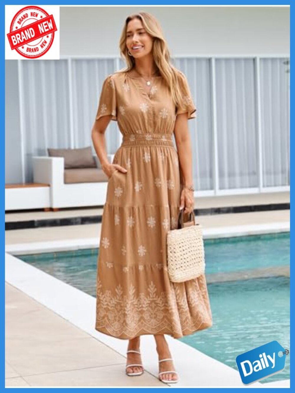 Boho Maxi Dress V-Neck Short Sleeve Floral Tiered Flowy Wedding Guest - Picture 2 of 6